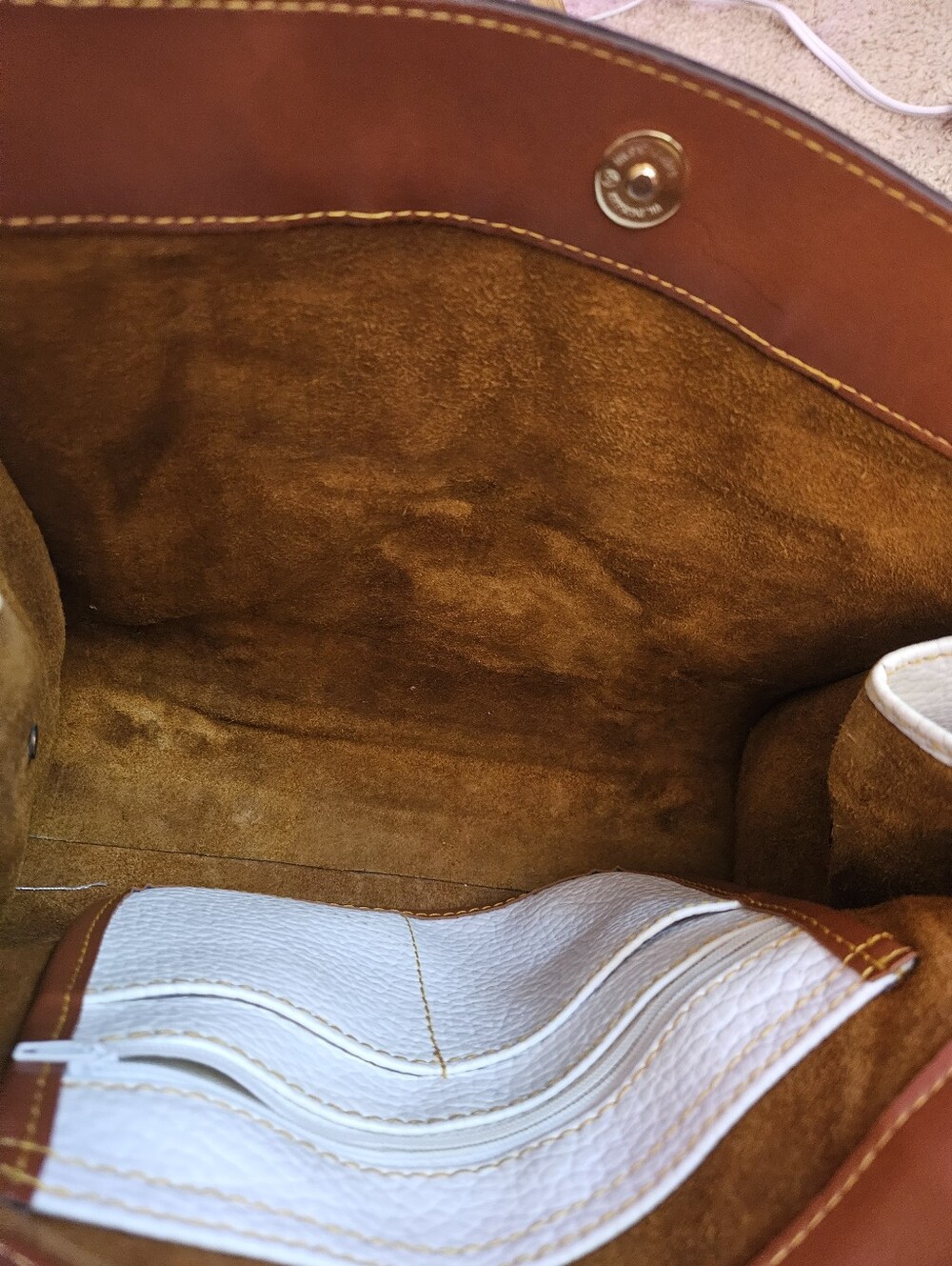 M. C. Pebbled Two-Tone Leather Bag in White and Brown - Picture 14 of 15